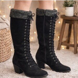 Torrid Black Lace Up Tall Boots 10.5WW Cozycore Streetwear Chunky Heel Combat